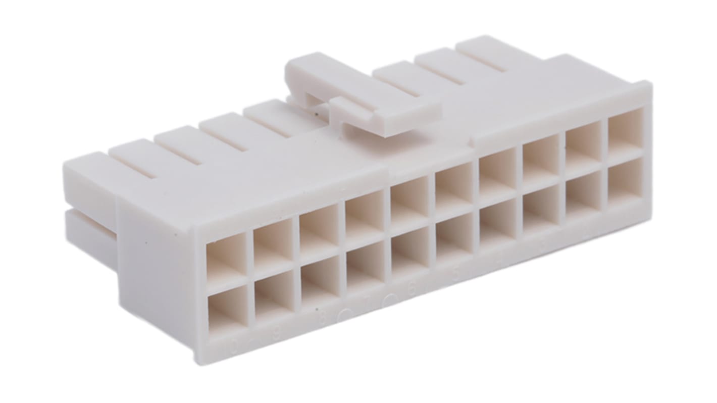 Carcasa de conector Molex 39-01-2205, Serie Mini-Fit Jr, paso: 4.2mm, 20 contactos, 2 filas, Recto, Hembra, Montaje de