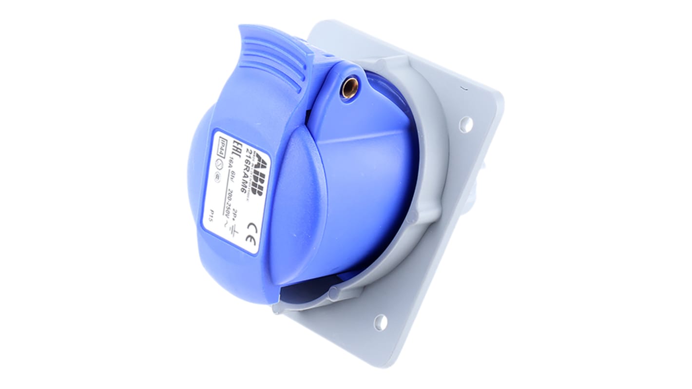 ABB, Easy & Safe IP44 Blue Panel Mount 2P + E Right Angle Industrial Power Socket, Rated At 16A, 230 V