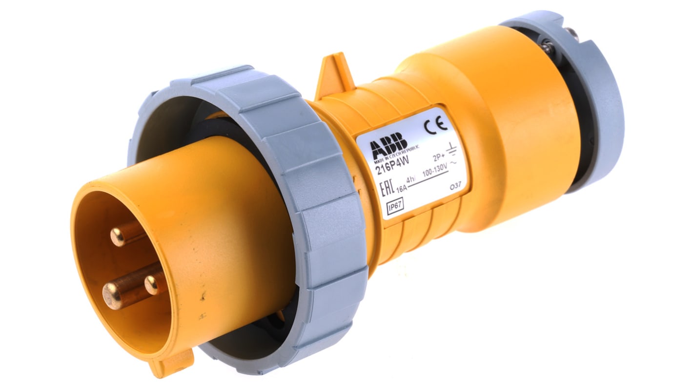 ABB, Tough & Safe IP67 Yellow Cable Mount 2P+E Industrial Power Plug, Rated At 16A, 100 → 130 V