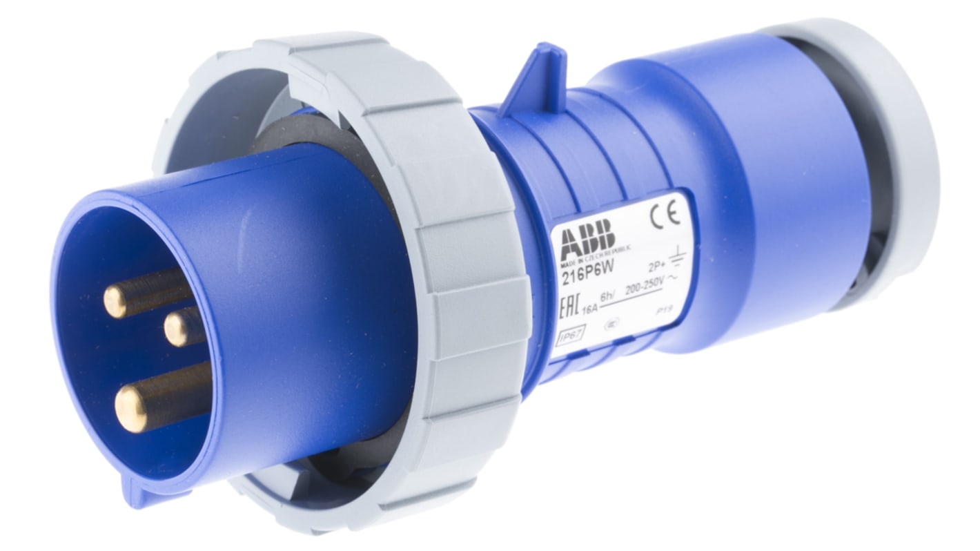 ABB, Tough & Safe IP67 Blue Cable Mount 2P+E Industrial Power Plug, Rated At 16A, 200 → 250 V