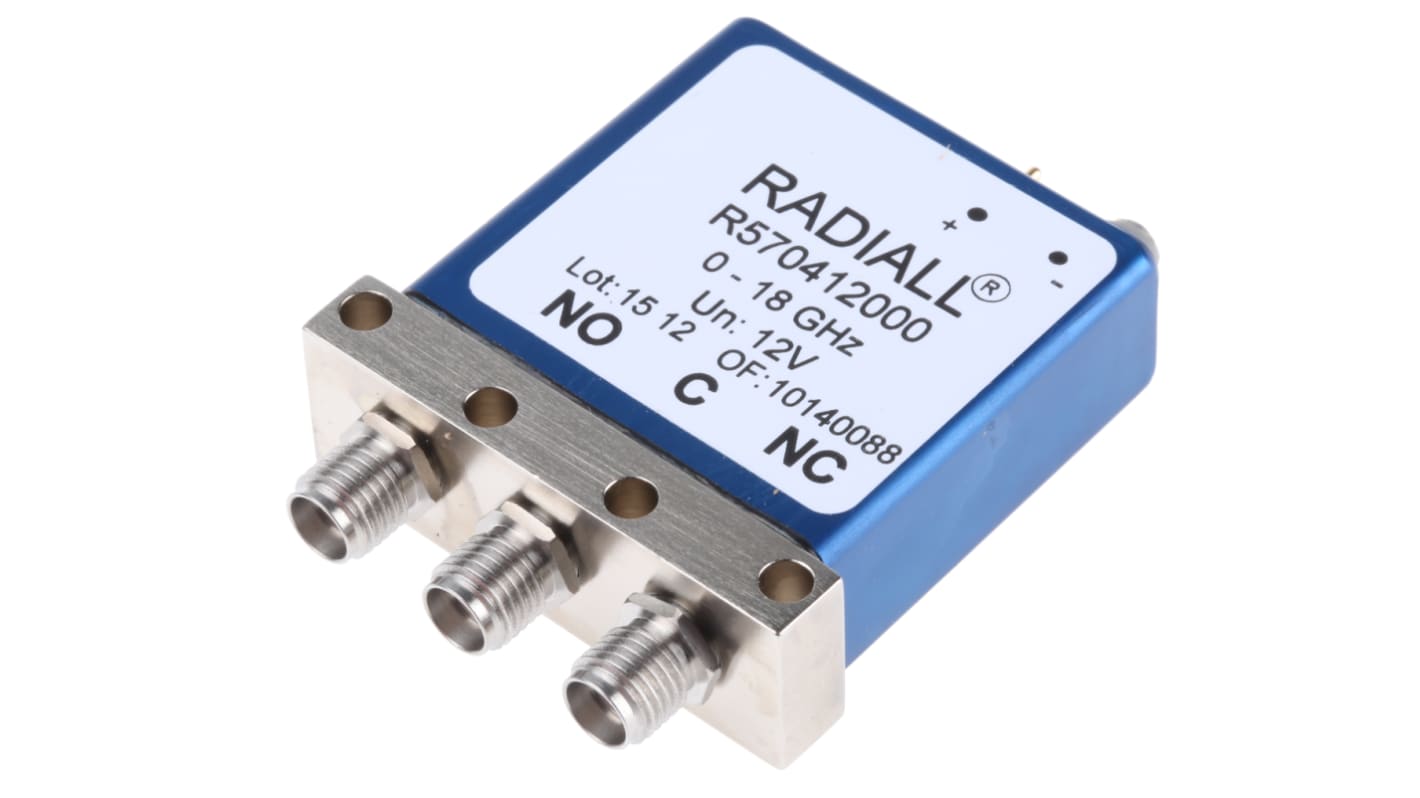 Relé de alta frecuencia Radiall, SPDT, bobina 12V / 18GHz, imp. 50Ω, montaje en PCB