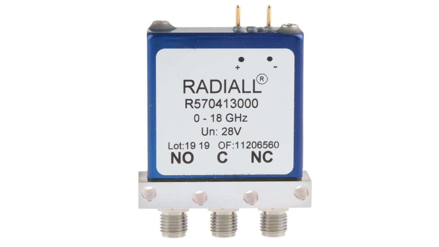 Relé de alta frecuencia Radiall, SPDT, bobina 28V / 18GHz, imp. 50Ω, montaje en PCB