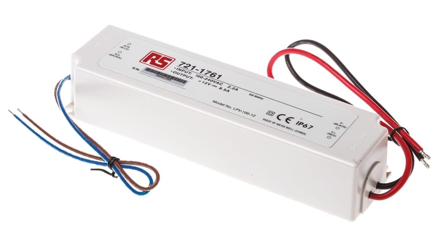 Driver LED tensión constante MEAN WELL de salidas, IN: 127 → 370 V dc, 90 → 264 V ac, OUT: 12V, 8.5A,