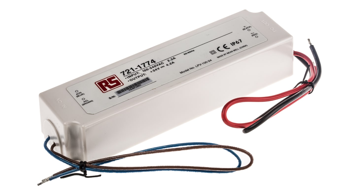 Driver LED tensión constante MEAN WELL de salidas, IN: 127 → 370 V dc, 90 → 264 V ac, OUT: 24V, 4.2A,