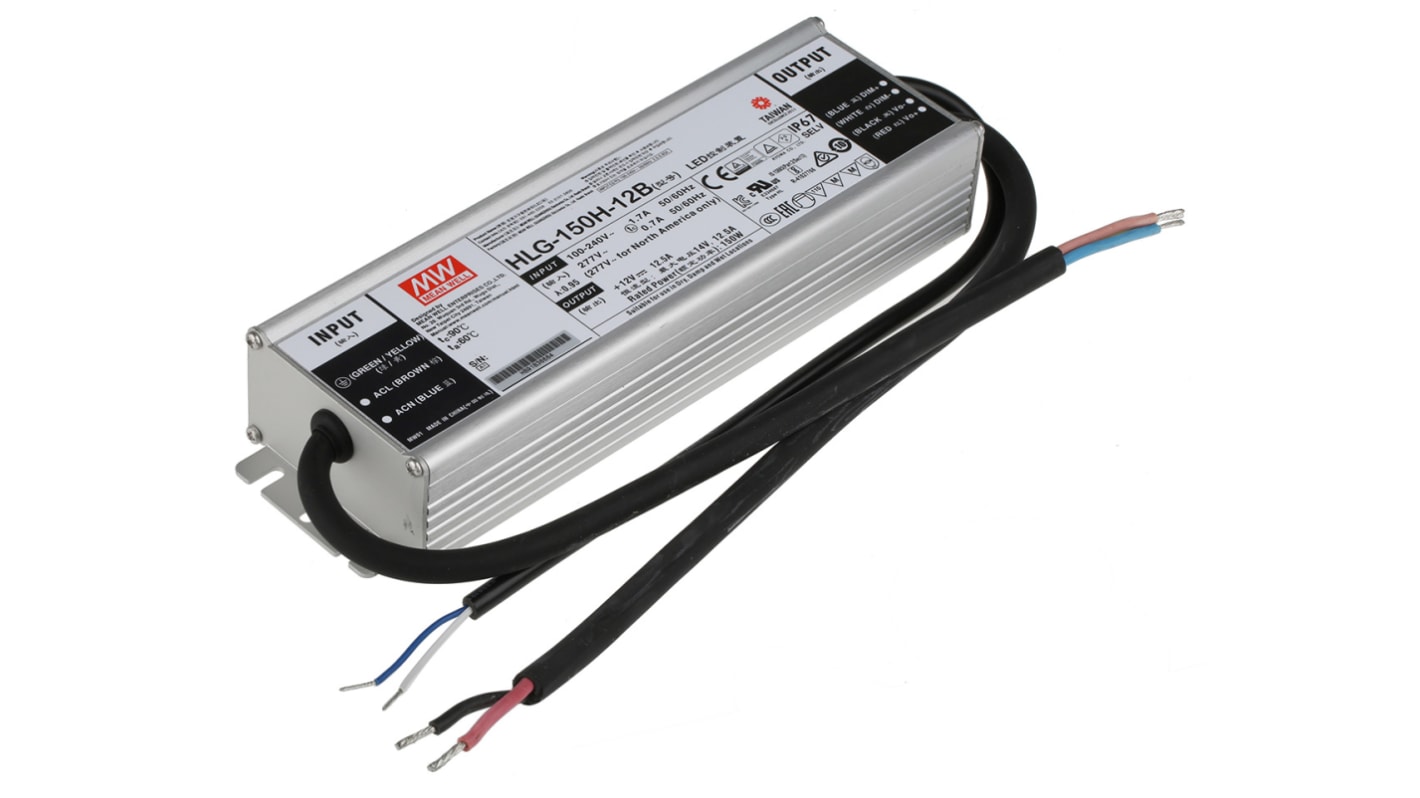 MEAN WELL LED Driver, 12V Output, 150W Output, 12.5A Output, Constant Voltage Dimmable