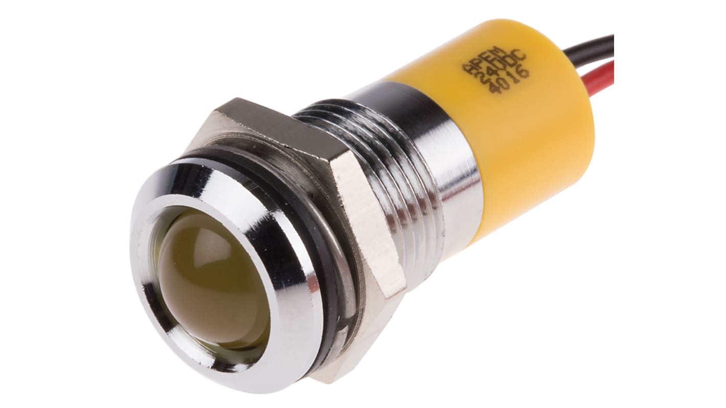 Indicatore da pannello RS PRO Giallo  a LED, 24V cc, IP67, Sporgente, foro da 14mm