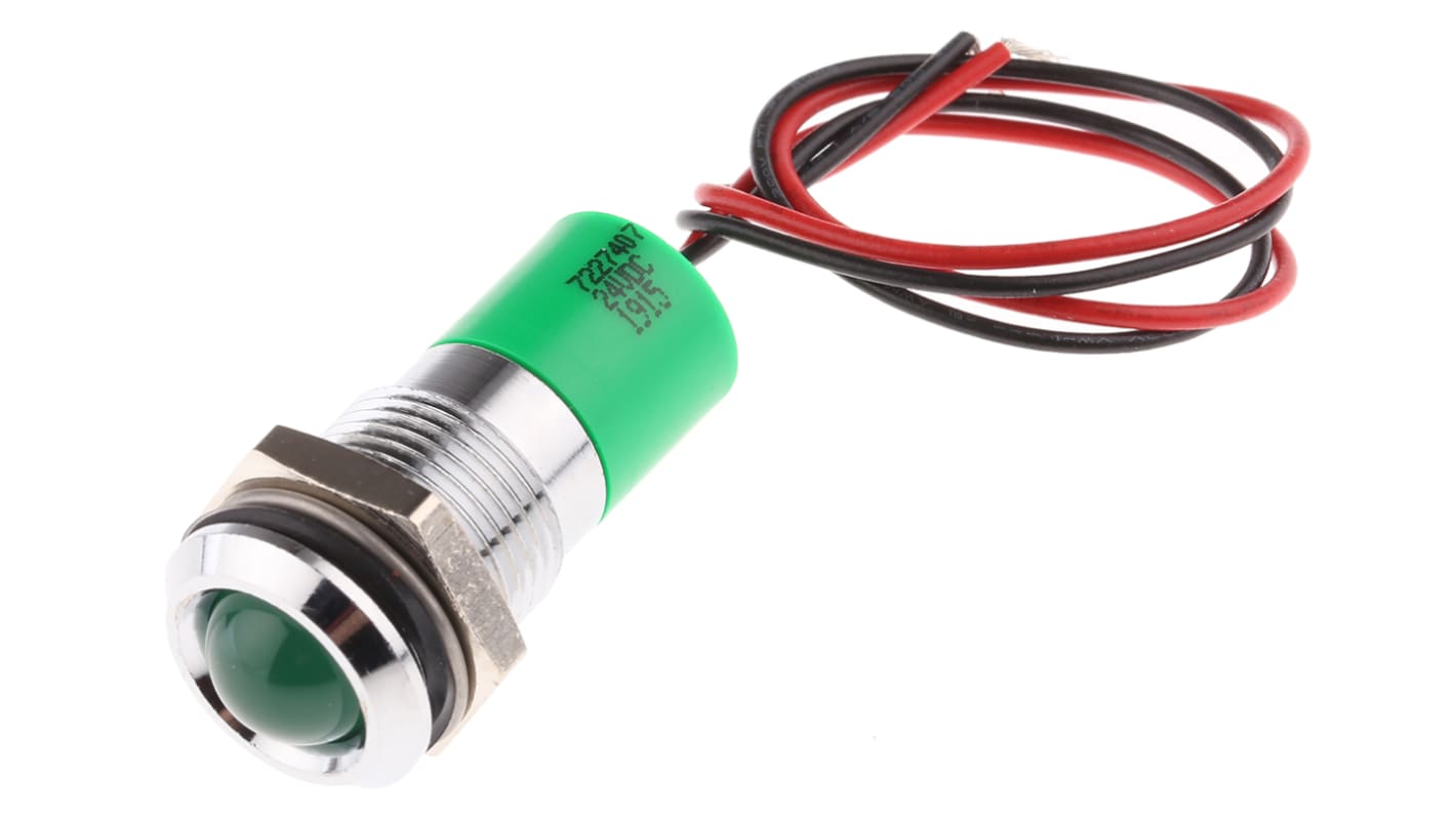 RS PRO Green Panel Mount Indicator, 24V dc, 14mm Mounting Hole Size, Lead Wires Termination, IP67