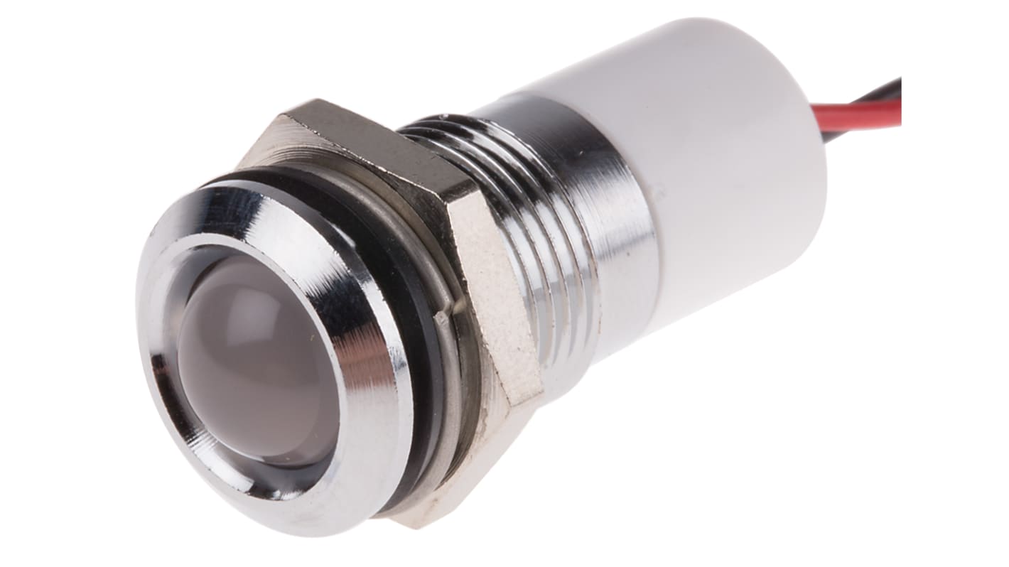 Indicador LED RS PRO, Blanco, lente prominente, marco Cromo, Ø montaje 14mm, 24V dc, 20mA, 350mcd, IP67