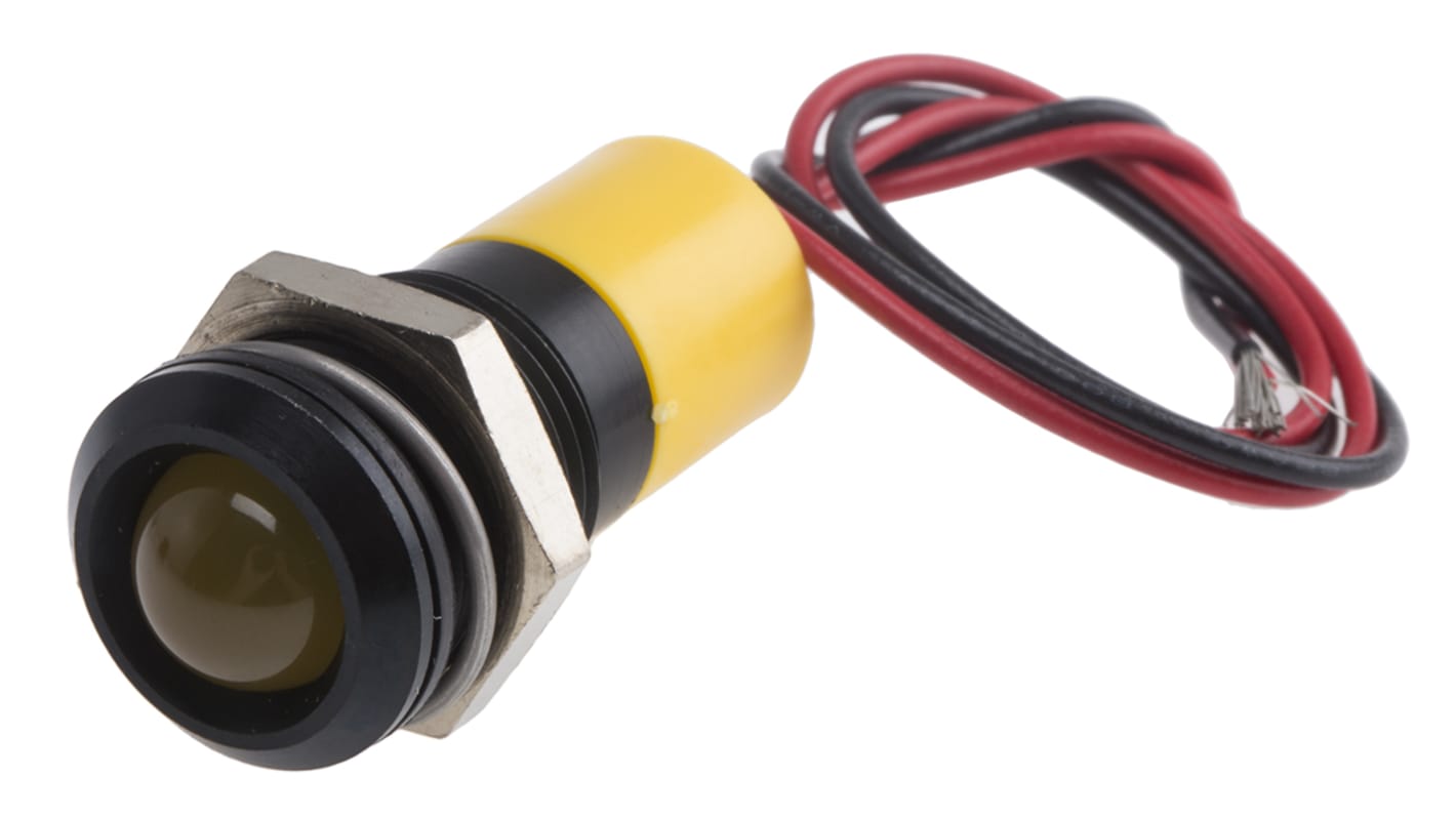 RS PRO Yellow Panel Mount Indicator, 12V dc, 14mm Mounting Hole Size, Lead Wires Termination, IP67