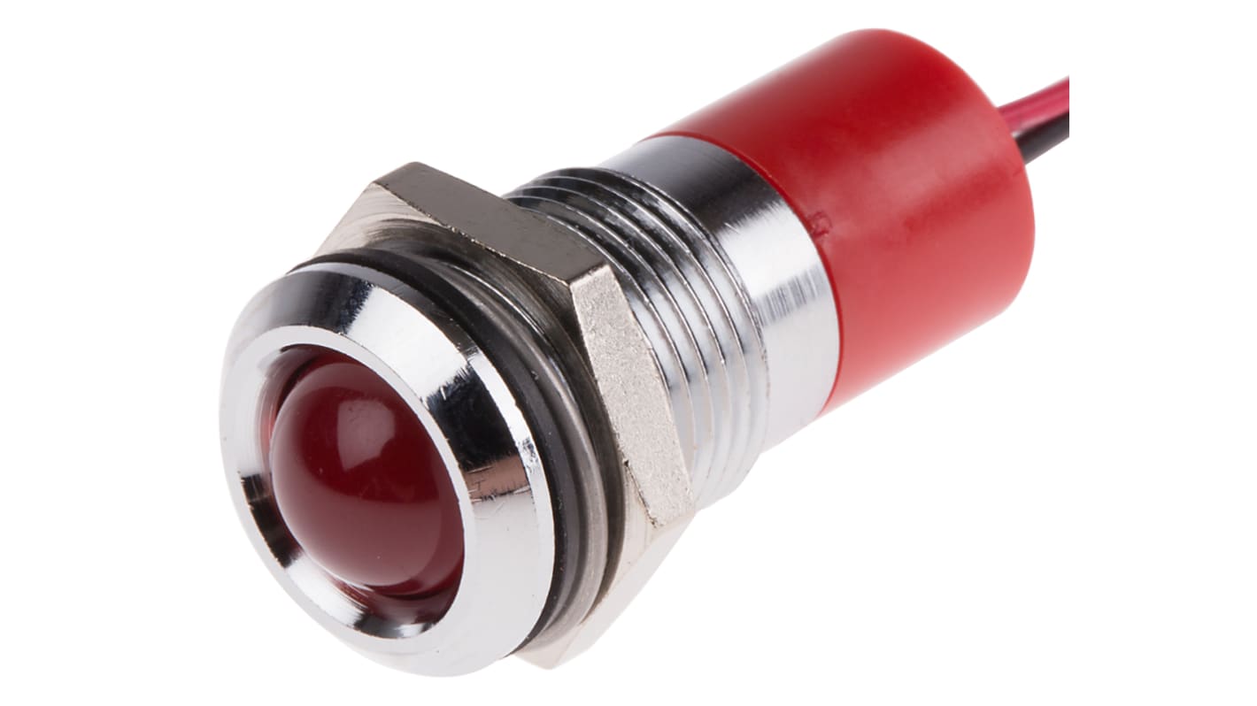 Indicador LED RS PRO, Rojo, lente prominente, marco Cromo, Ø montaje 14mm, 110V ac, 6mA, 80mcd, IP67