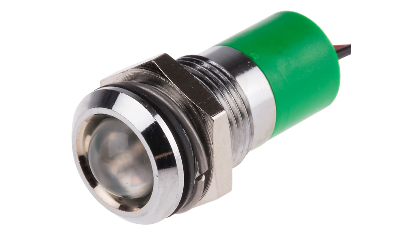 Indicador LED RS PRO, Verde, lente prominente, marco Cromo, Ø montaje 14mm, 110V ac, 6mA, 40mcd, IP67