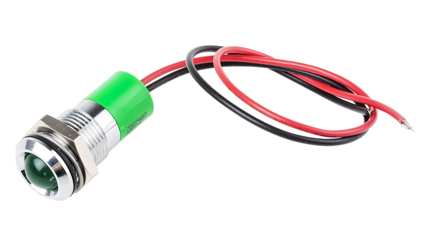Indicador LED RS PRO, Verde, lente prominente, marco Cromo, Ø montaje 14mm, 220V ac, 3mA, 40mcd, IP67