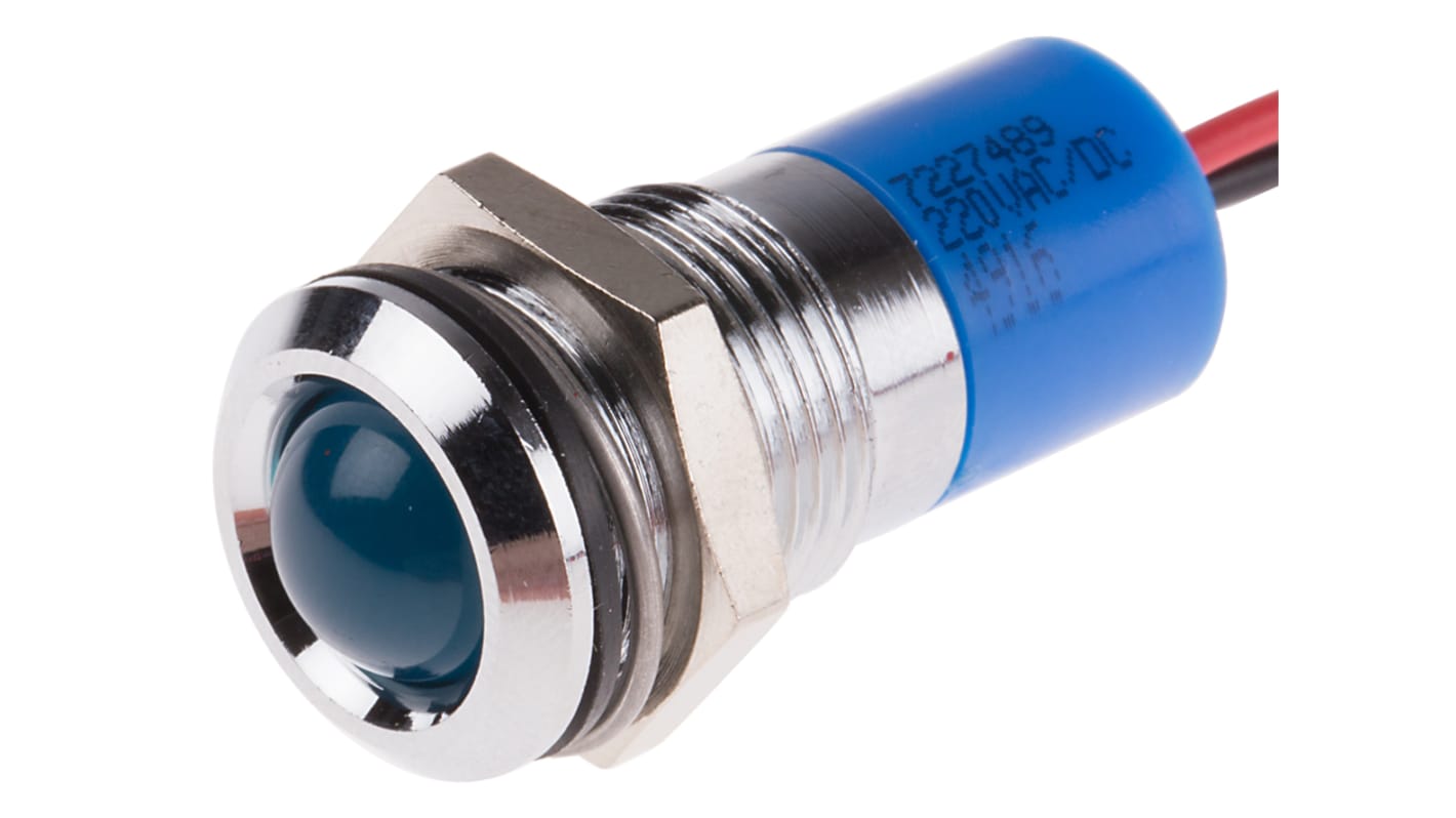 Indicador LED RS PRO, Azul, lente prominente, marco Cromo, Ø montaje 14mm, 220V ac, 3mA, 280mcd, IP67
