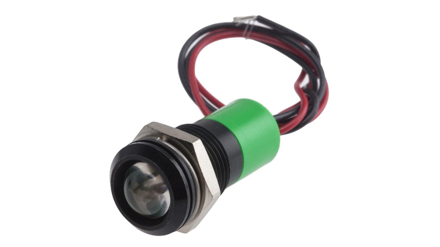 RS PRO Green Panel Mount Indicator, 110V ac, 14mm Mounting Hole Size, Lead Wires Termination, IP67
