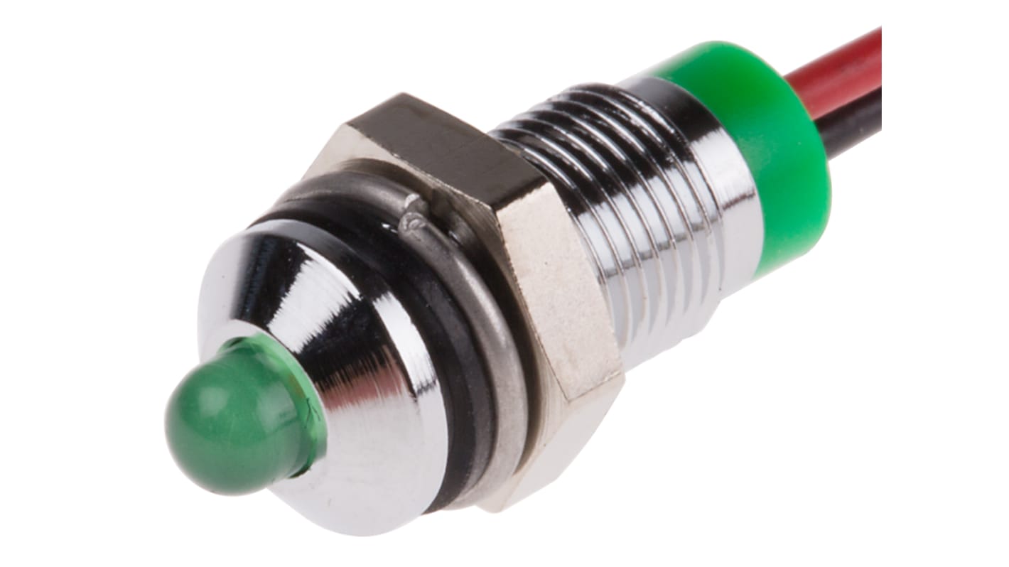 RS PRO Green Panel Mount Indicator, 2V dc, 6mm Mounting Hole Size, Lead Wires Termination, IP67