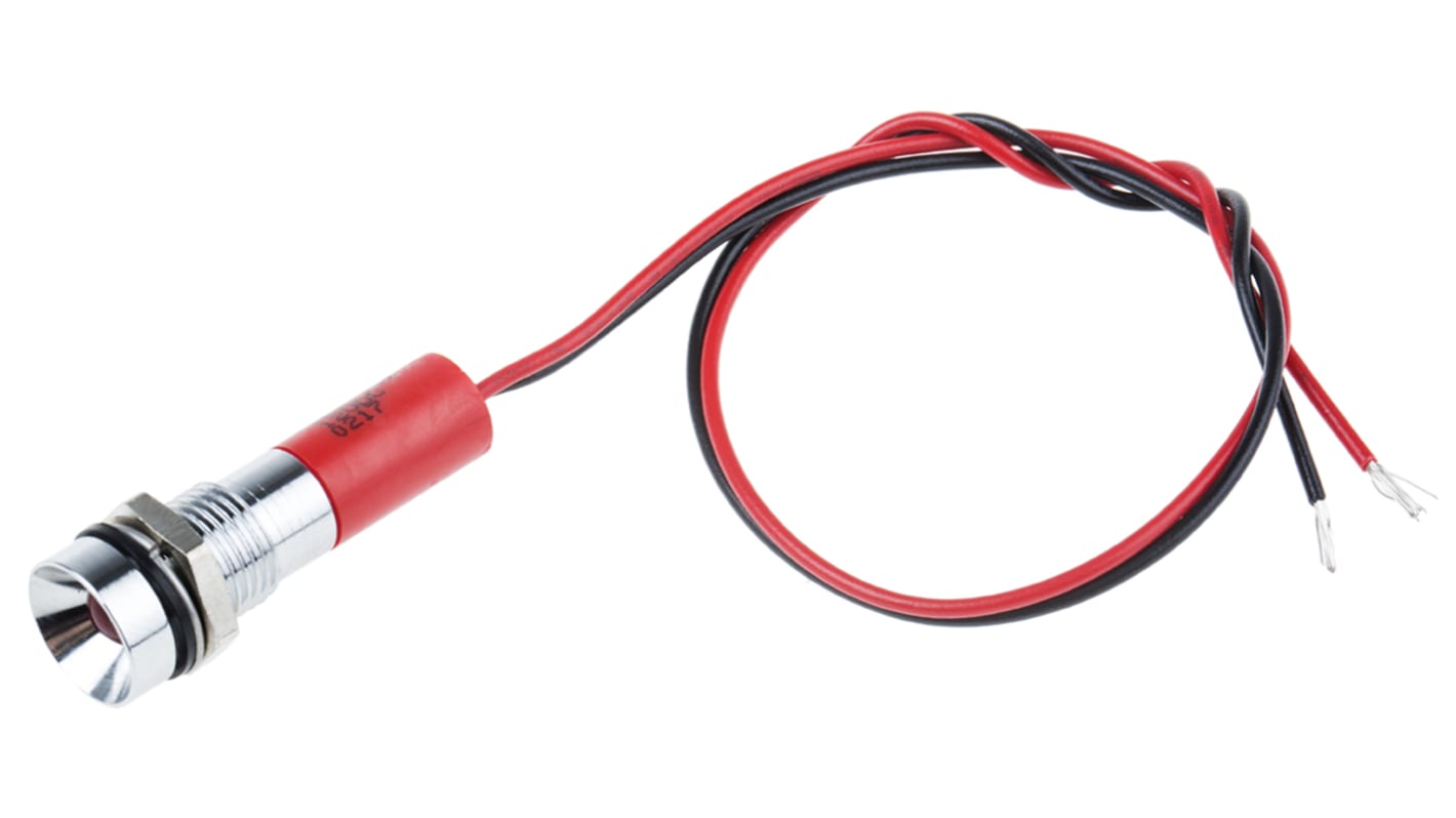 Indicador LED RS PRO, Rojo, lente rebajada, marco Cromo, Ø montaje 6mm, 12V dc, 20mA, 40mcd, IP67