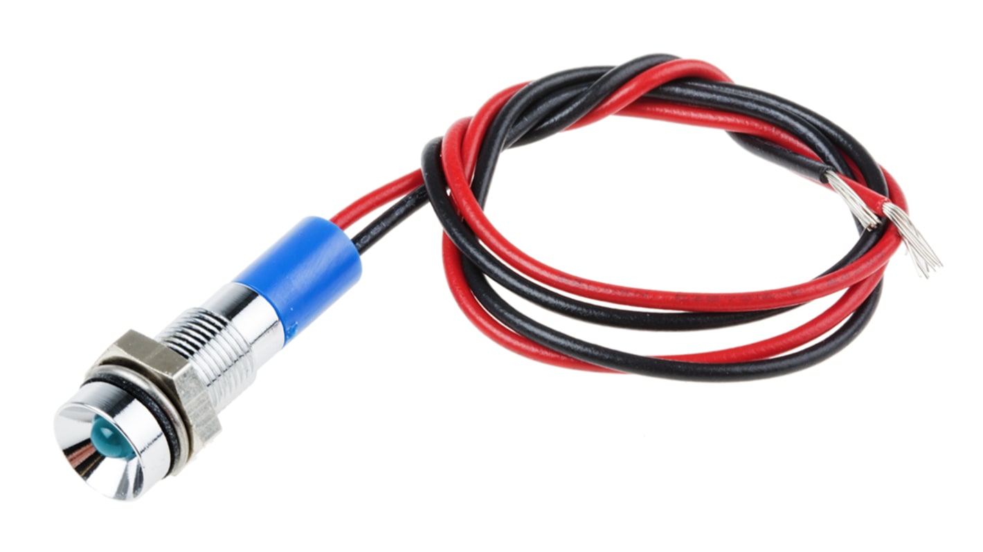 RS PRO Blue Panel Mount Indicator, 24V dc, 6mm Mounting Hole Size, Lead Wires Termination, IP67