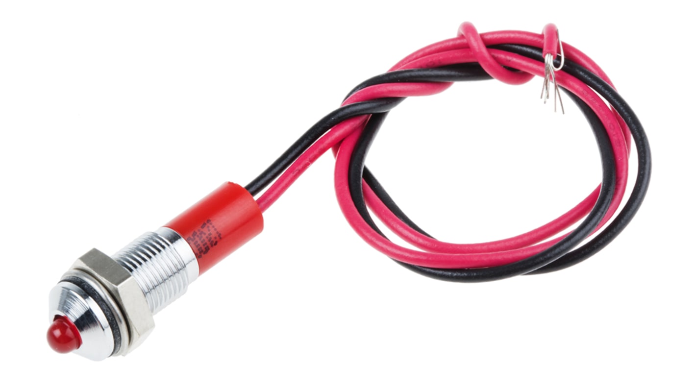 Indicador LED RS PRO, Rojo, lente prominente, marco Cromo, Ø montaje 6mm, 12V dc, 20mA, 40mcd, IP67