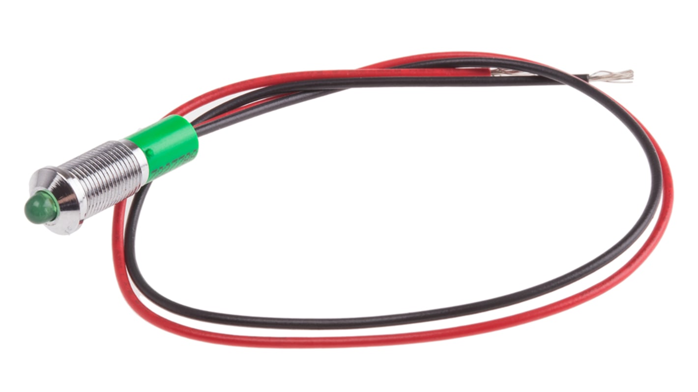 RS PRO Green Panel Mount Indicator, 12V dc, 6mm Mounting Hole Size, Lead Wires Termination, IP67