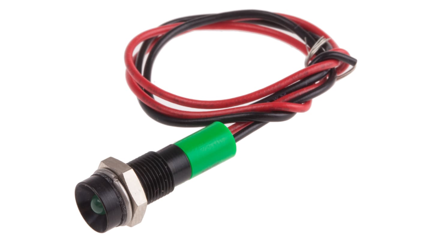 RS PRO Green Panel Mount Indicator, 12V dc, 6mm Mounting Hole Size, Lead Wires Termination, IP67