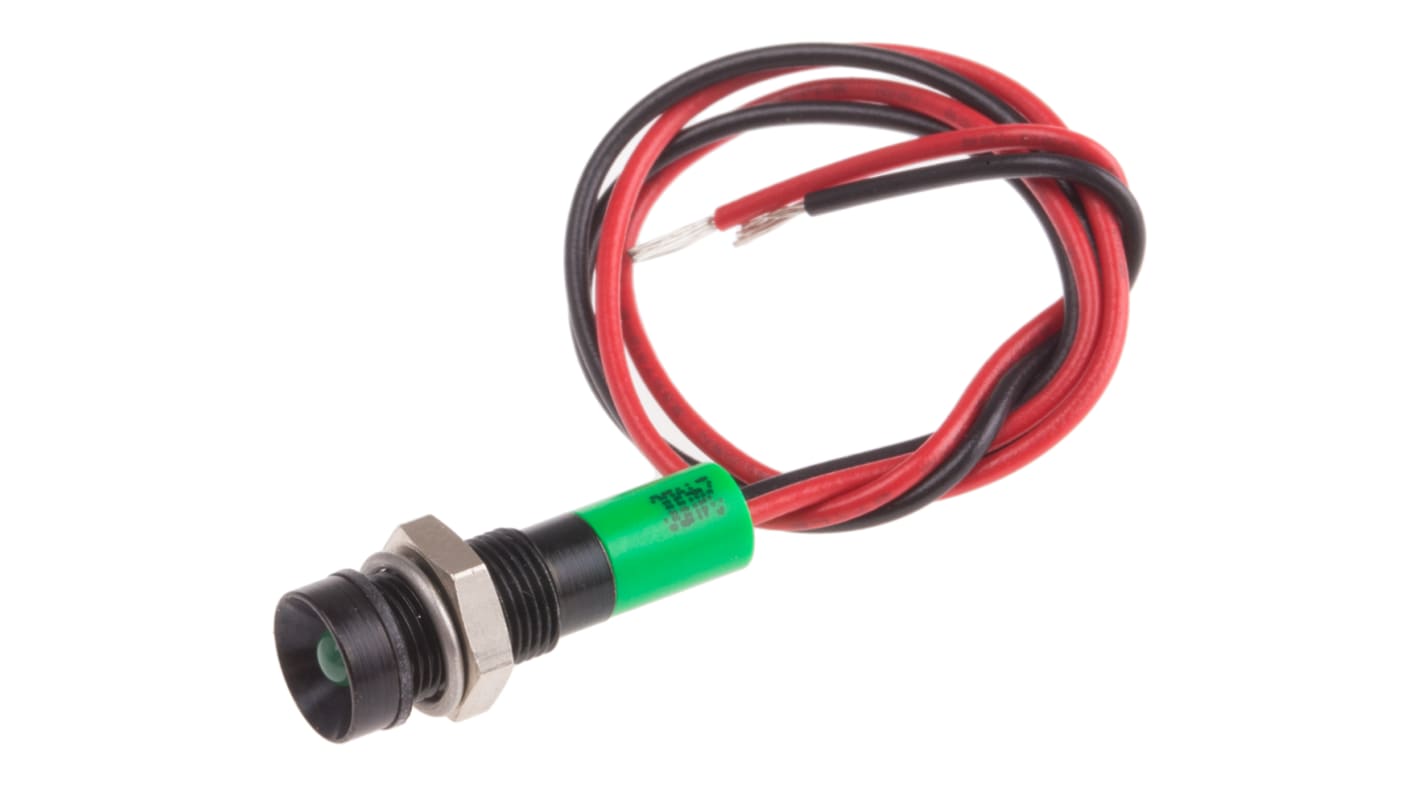 RS PRO Green Panel Mount Indicator, 24V dc, 6mm Mounting Hole Size, Lead Wires Termination, IP67