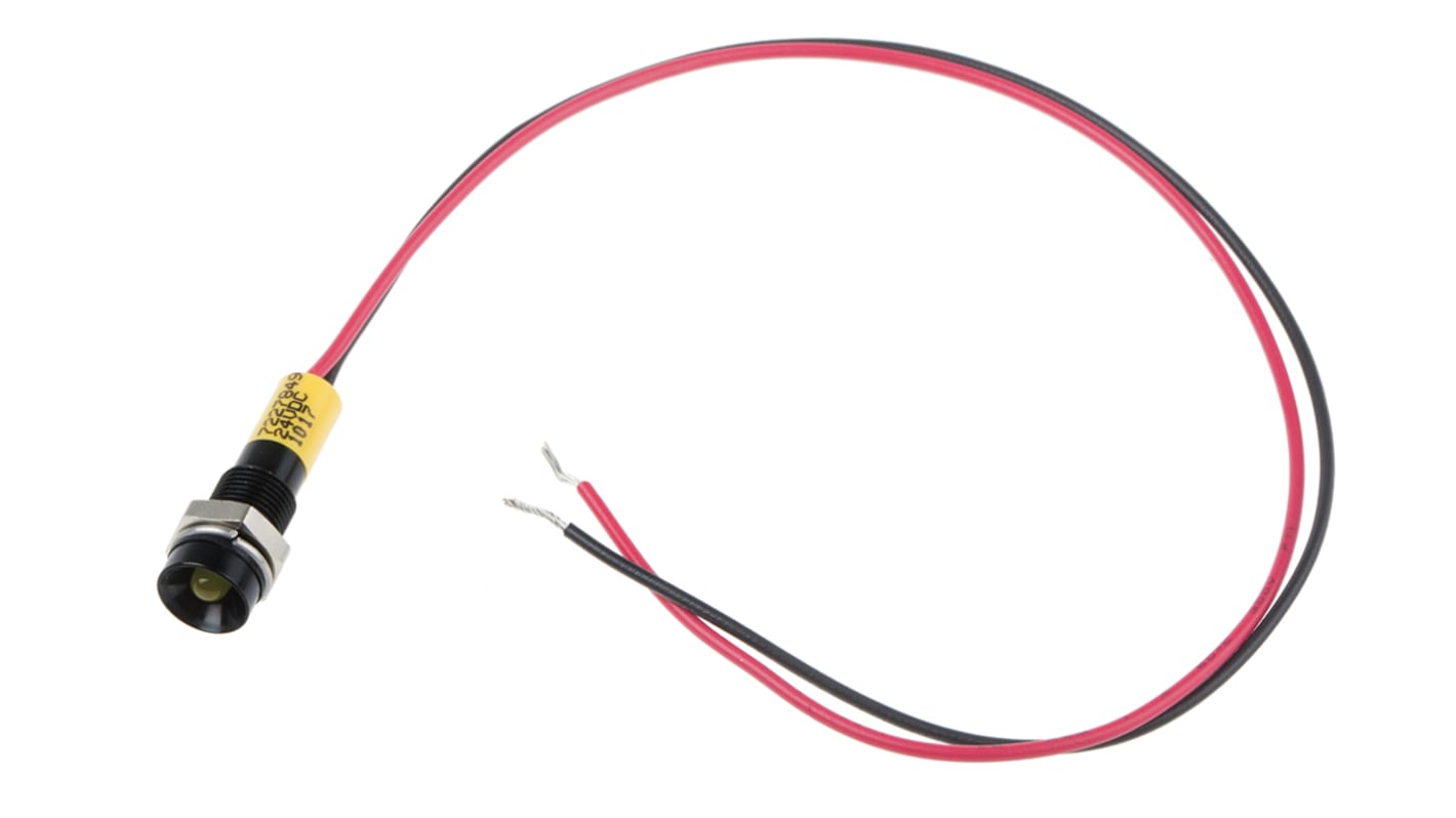 RS PRO Yellow Panel Mount Indicator, 24V dc, 6mm Mounting Hole Size, Lead Wires Termination, IP67