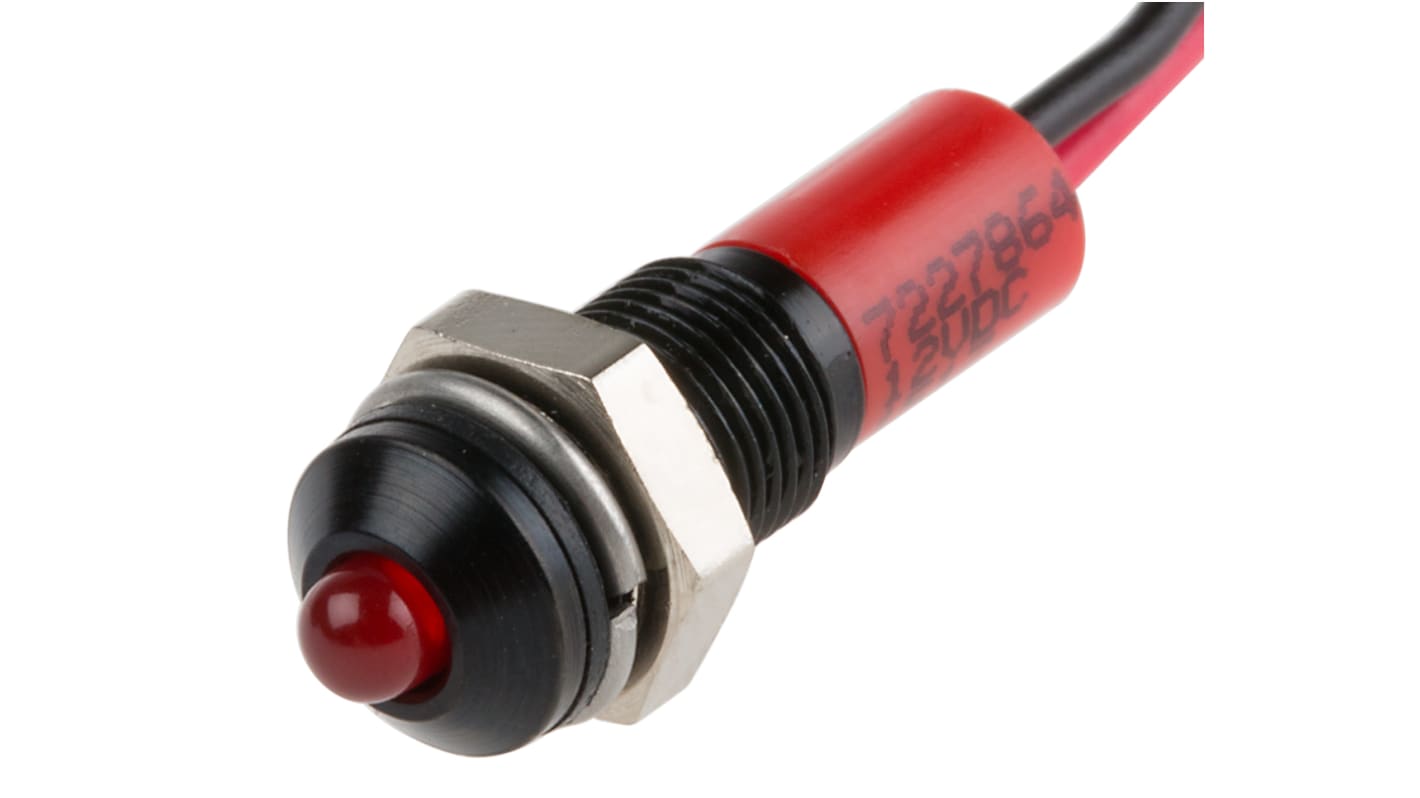 RS PRO Red Panel Mount Indicator, 12V dc, 6mm Mounting Hole Size, Lead Wires Termination, IP67