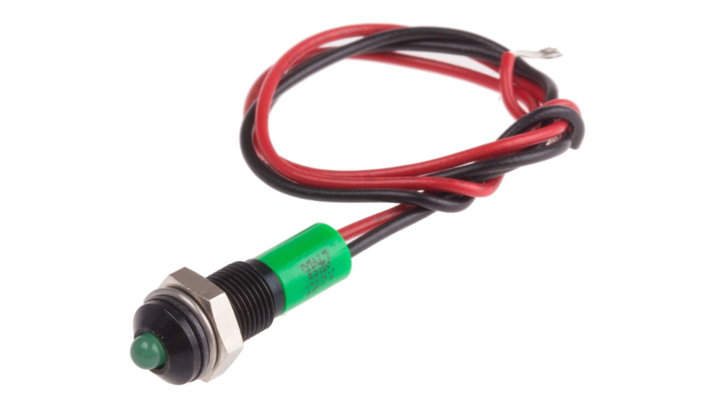 RS PRO Green Panel Mount Indicator, 24V dc, 6mm Mounting Hole Size, Lead Wires Termination, IP67