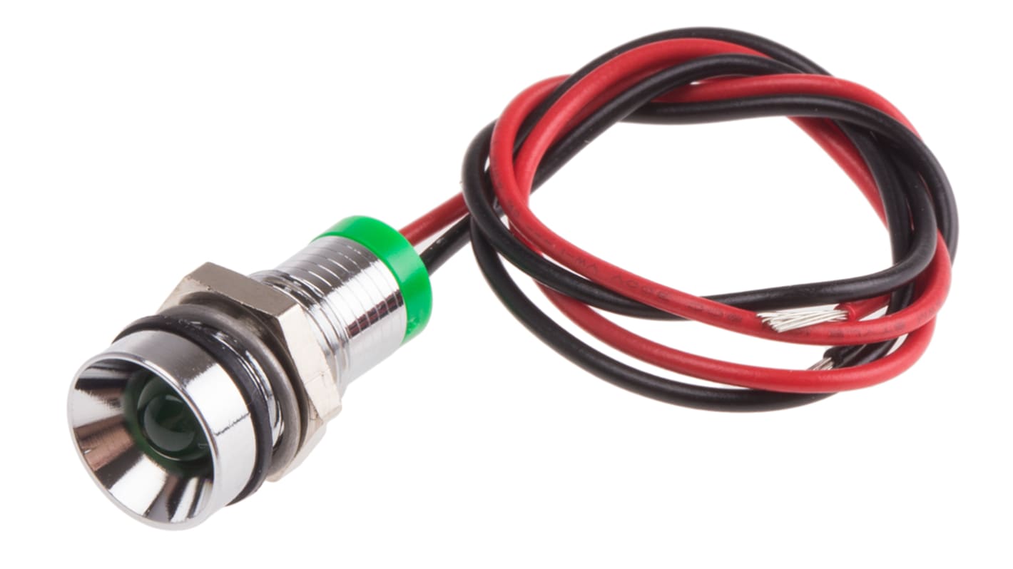 RS PRO Green Panel Mount Indicator, 2V dc, 8mm Mounting Hole Size, Lead Wires Termination, IP67