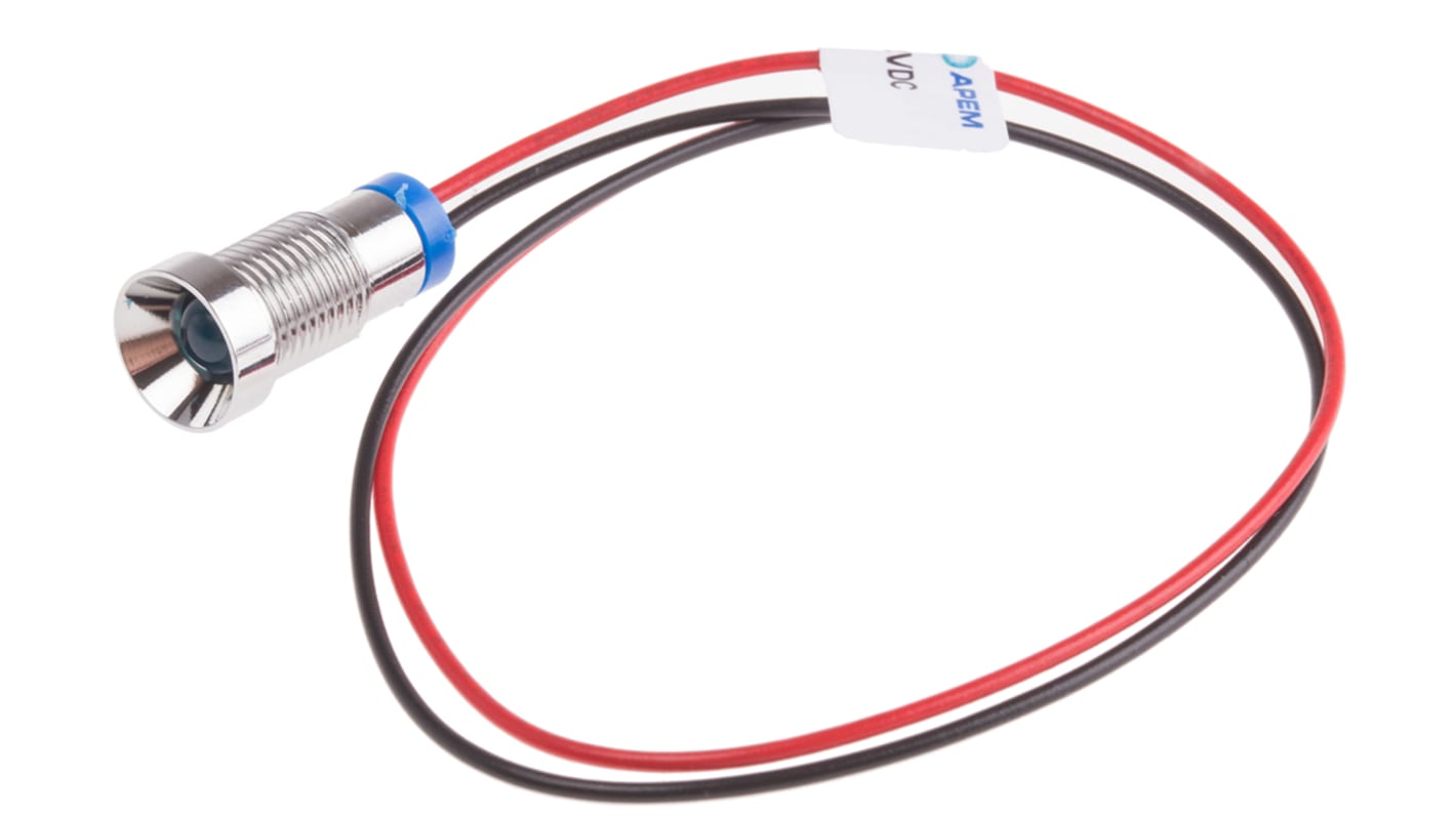 RS PRO Blue Panel Mount Indicator, 2V dc, 8mm Mounting Hole Size, Lead Wires Termination, IP67