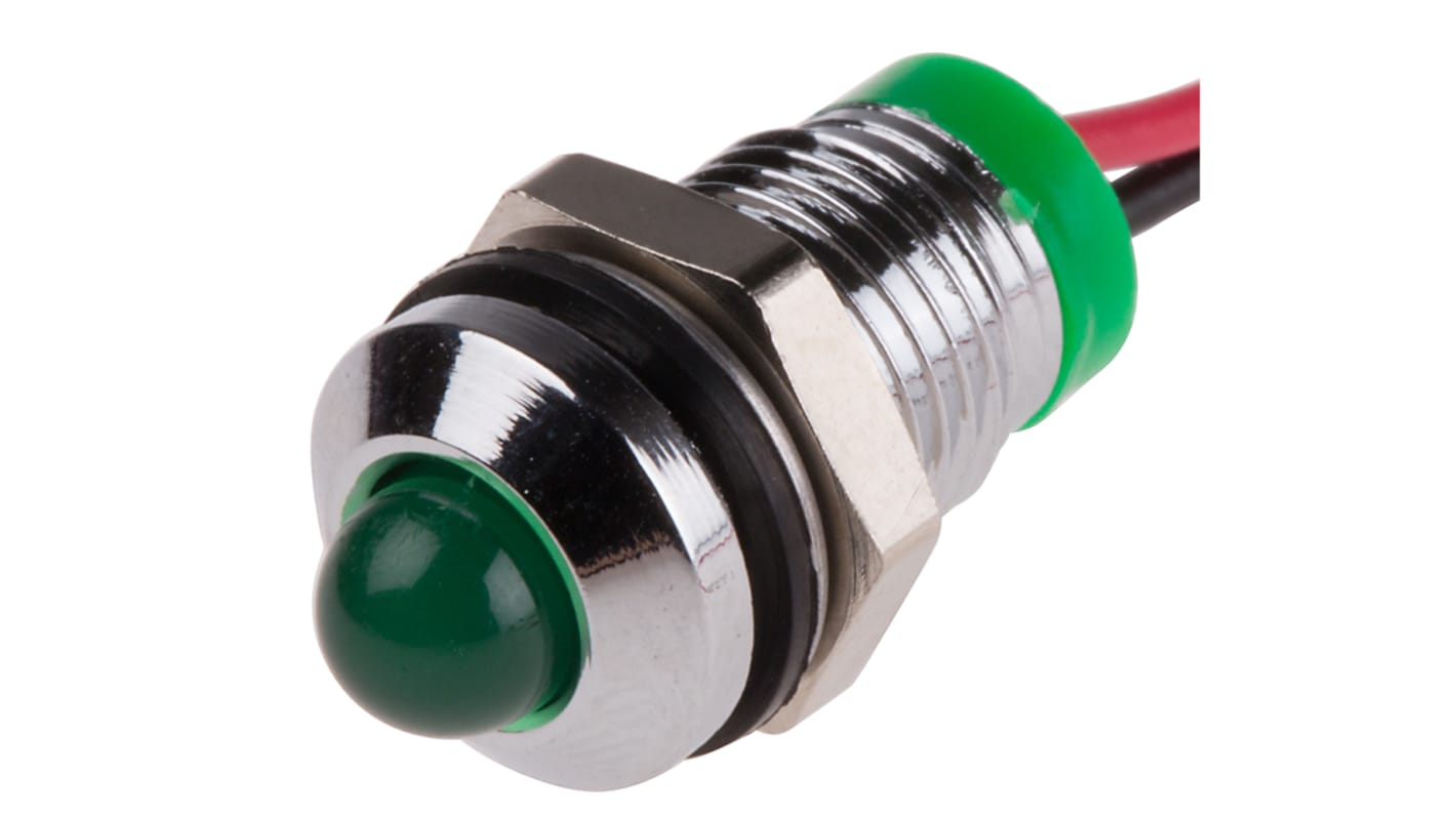 Indikátor pro montáž do panelu 8mm Prominentní barva Zelená, typ žárovky: LED Olověné dráty, 2V dc RS PRO
