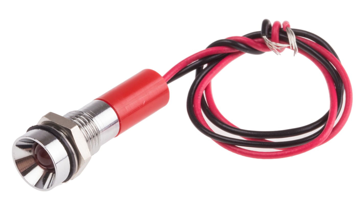 RS PRO Red Panel Mount Indicator, 12V dc, 8mm Mounting Hole Size, Lead Wires Termination, IP67