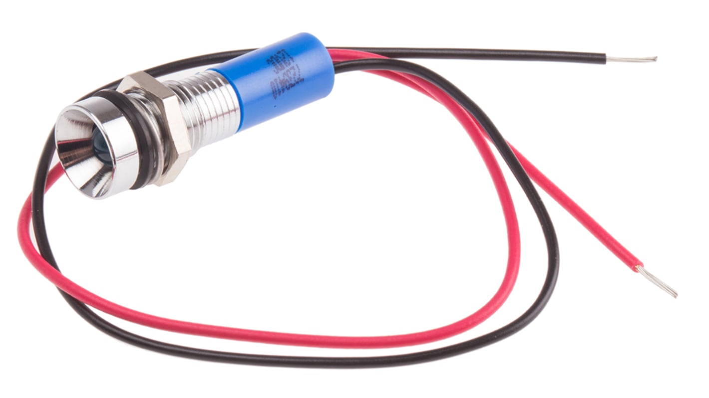 RS PRO Blue Panel Mount Indicator, 12V dc, 8mm Mounting Hole Size, Lead Wires Termination, IP67