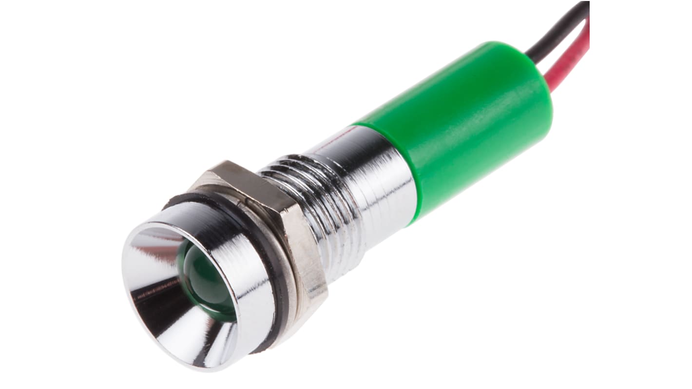 Indicador LED RS PRO, Verde, lente rebajada, marco Cromo, Ø montaje 8mm, 24V dc, 20mA, 40mcd, IP67