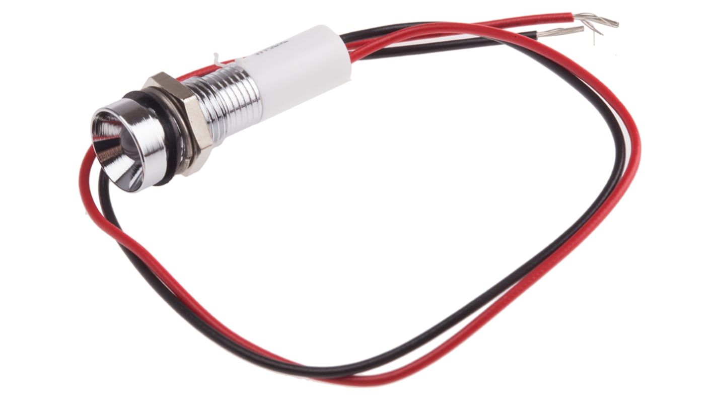 Indicador LED RS PRO, Blanco, lente rebajada, marco Cromo, Ø montaje 8mm, 24V dc, 20mA, 150mcd, IP67