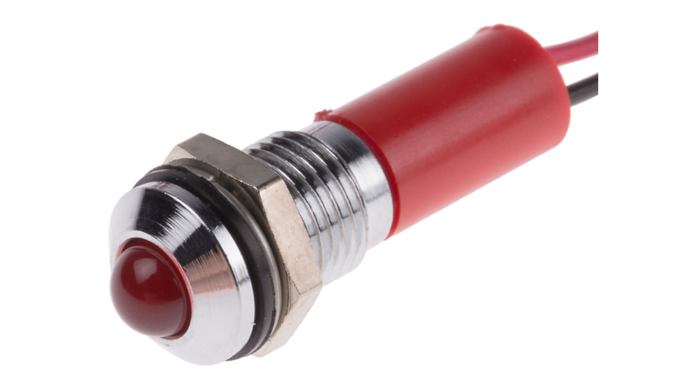 RS PRO Red Panel Mount Indicator, 12V dc, 8mm Mounting Hole Size, Lead Wires Termination, IP67