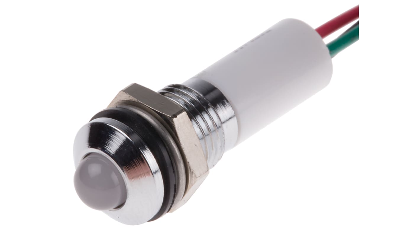 Indicador LED RS PRO, lente prominente, marco Cromo, Ø montaje 8mm, 12V dc, 20mA, IP67