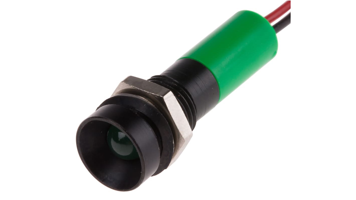 RS PRO Green Panel Mount Indicator, 12V dc, 8mm Mounting Hole Size, Lead Wires Termination, IP67