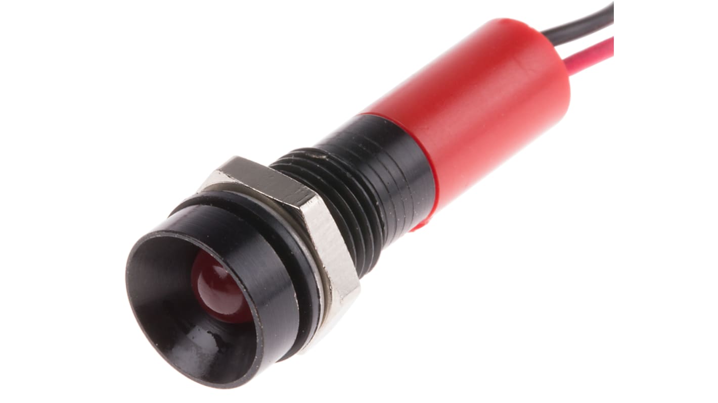 RS PRO Red Panel Mount Indicator, 24V dc, 8mm Mounting Hole Size, Lead Wires Termination, IP67