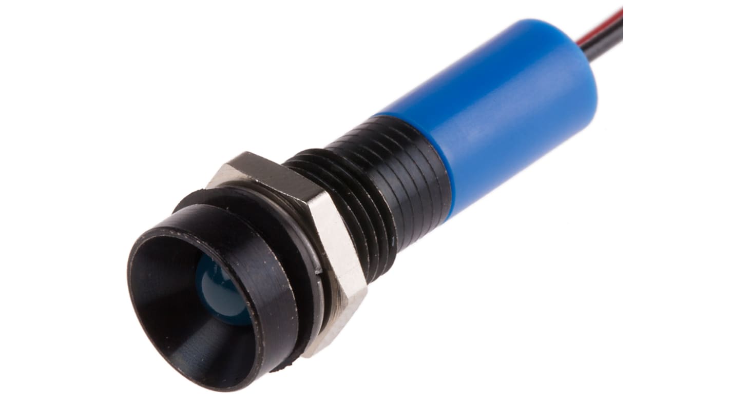 RS PRO Blue Panel Mount Indicator, 24V dc, 8mm Mounting Hole Size, Lead Wires Termination, IP67