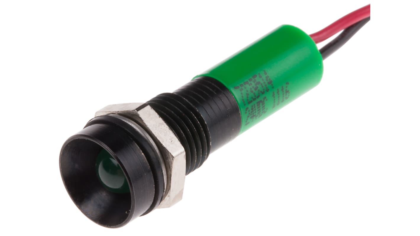 RS PRO Green Panel Mount Indicator, 24V dc, 8mm Mounting Hole Size, Lead Wires Termination, IP67