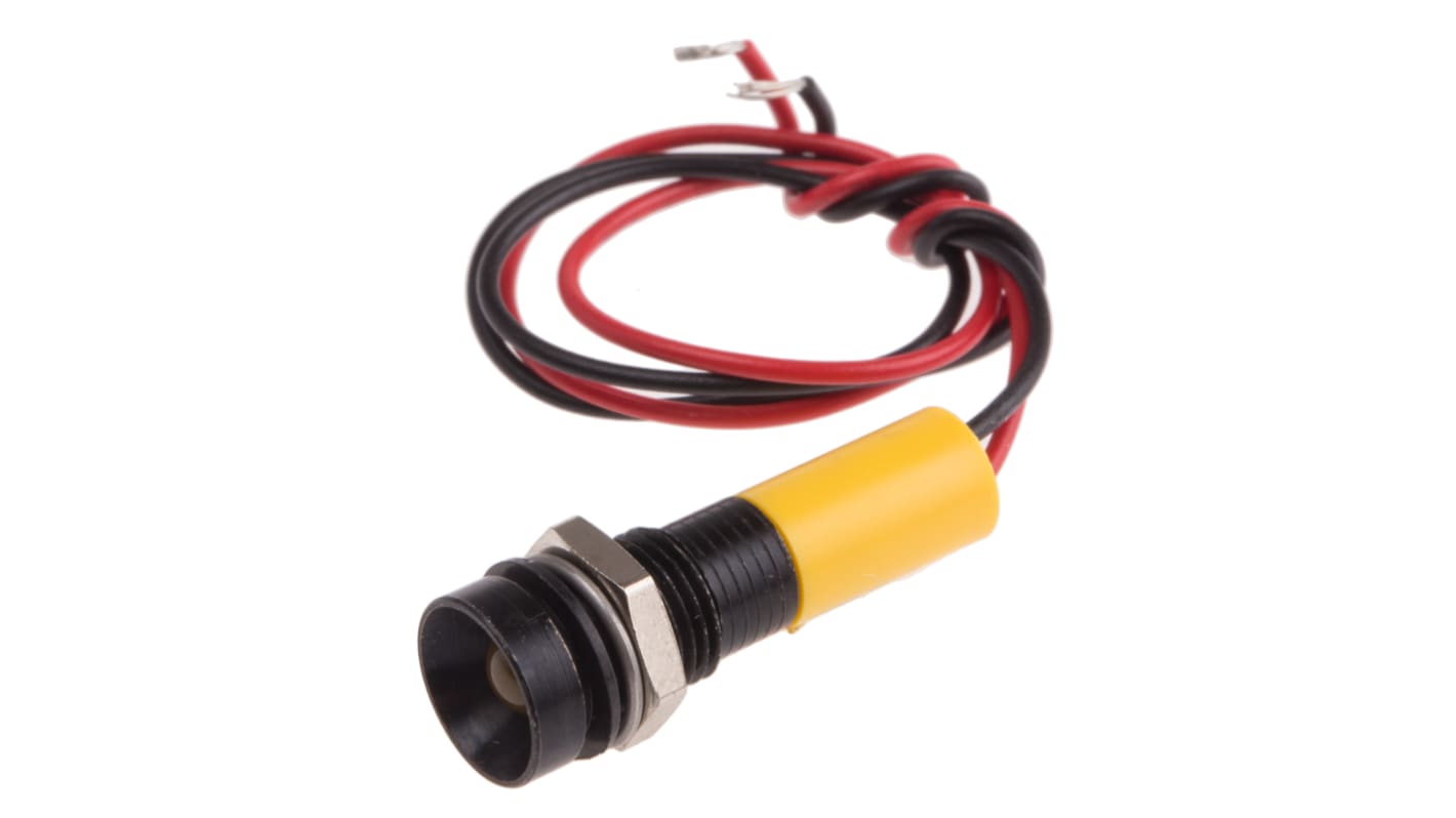 RS PRO Yellow Panel Mount Indicator, 24V dc, 8mm Mounting Hole Size, Lead Wires Termination, IP67