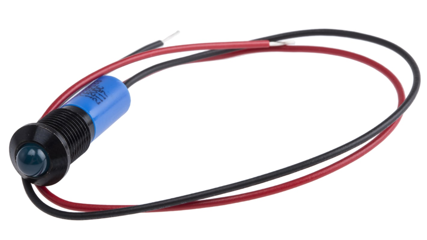 RS PRO Blue Panel Mount Indicator, 12V dc, 8mm Mounting Hole Size, Lead Wires Termination, IP67