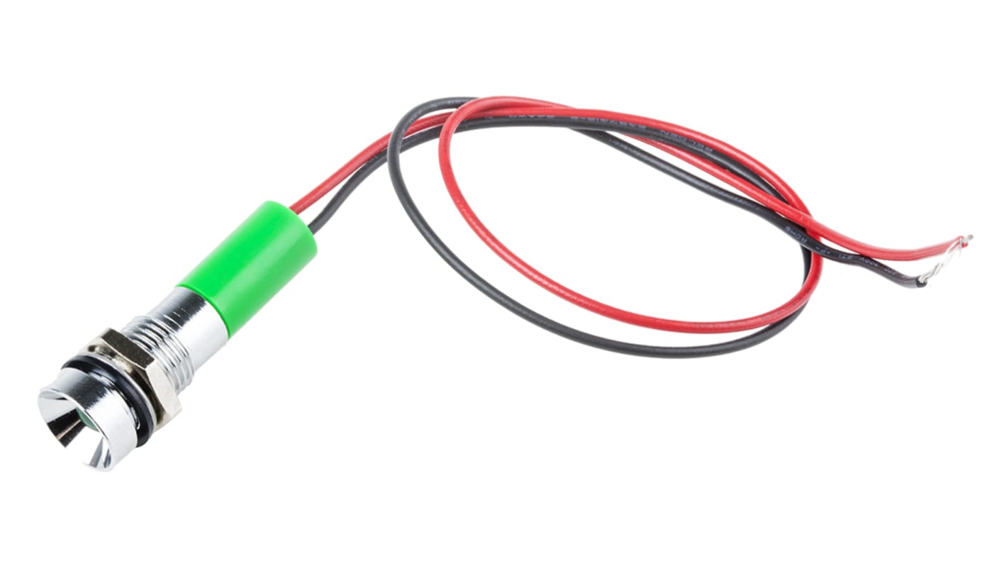 RS PRO Green Panel Mount Indicator, 220V ac, 8mm Mounting Hole Size, Lead Wires Termination, IP67