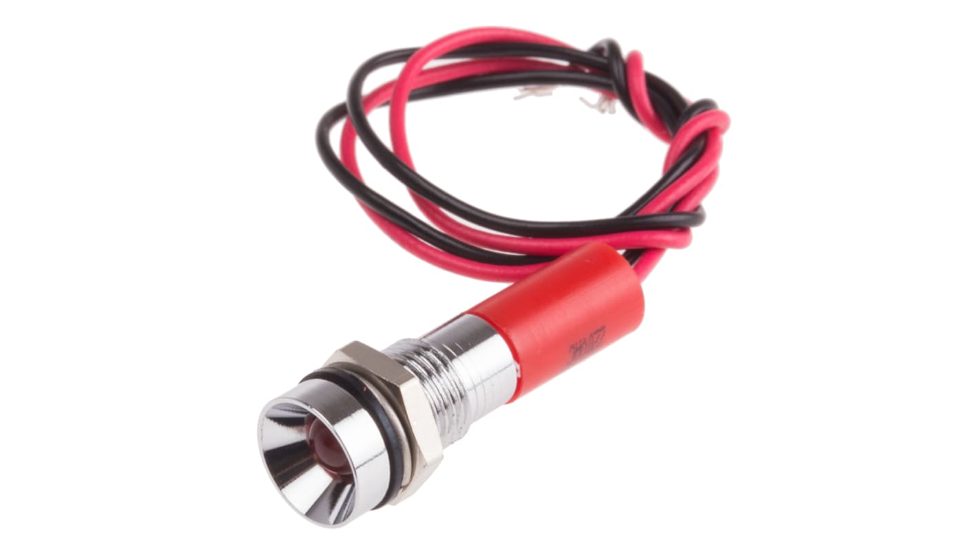 Indicador LED RS PRO, Rojo, lente rebajada, marco Cromo, Ø montaje 8mm, 220V ac, 3mA, 50mcd, IP67