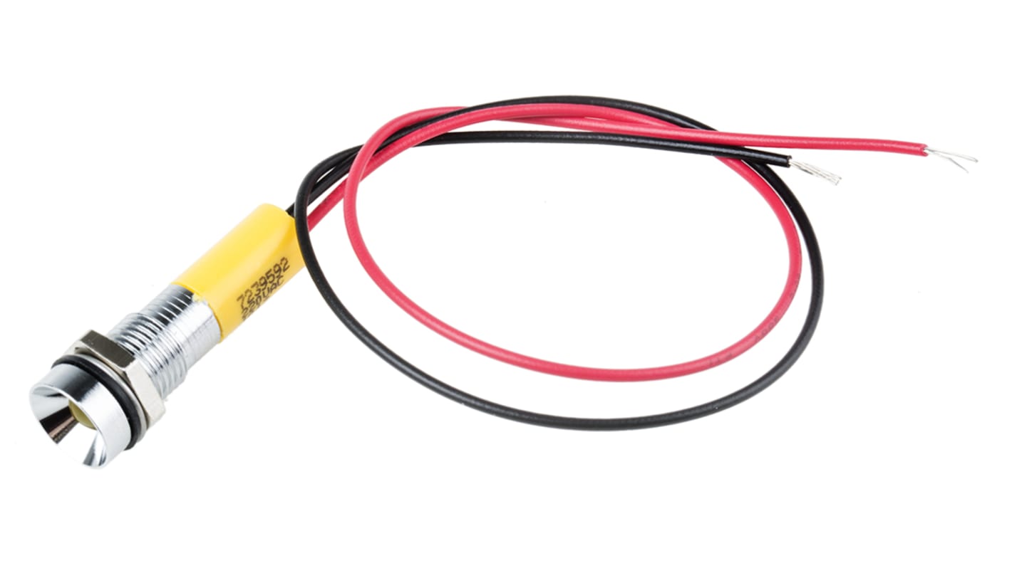 RS PRO Yellow Panel Mount Indicator, 220V ac, 8mm Mounting Hole Size, Lead Wires Termination, IP67