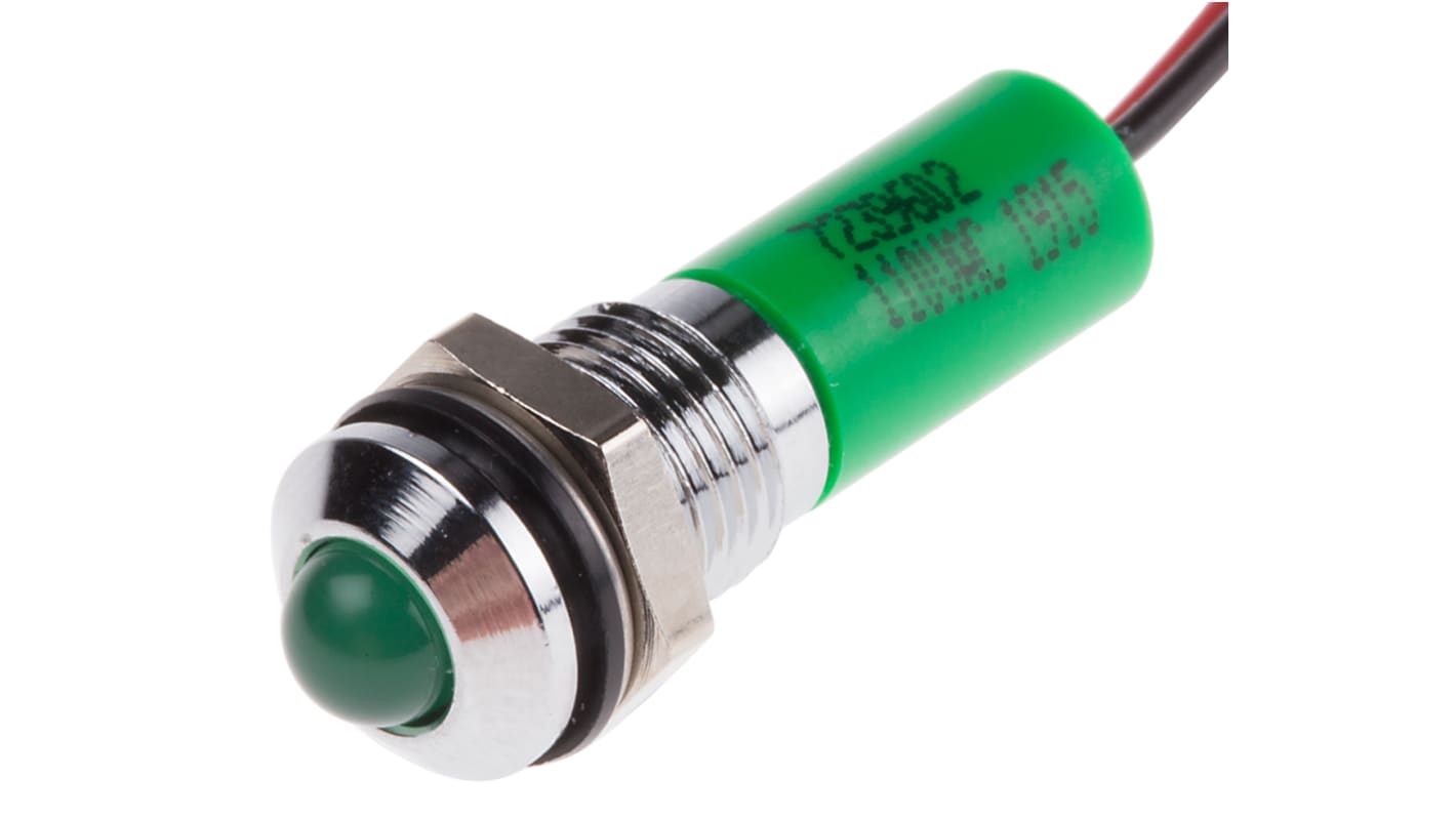 RS PRO Green Panel Mount Indicator, 110V ac, 8mm Mounting Hole Size, Lead Wires Termination, IP67