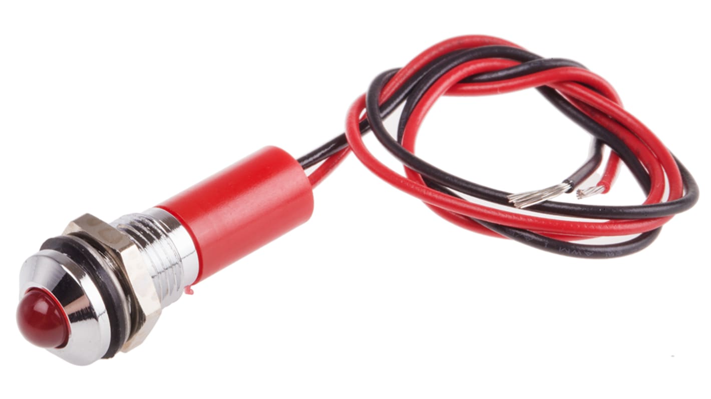 RS PRO Red Panel Mount Indicator, 110V ac, 8mm Mounting Hole Size, Lead Wires Termination, IP67