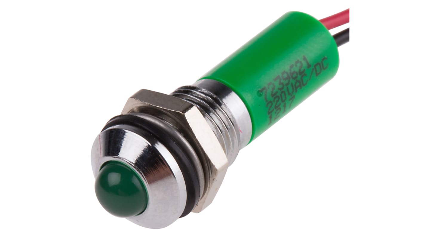 RS PRO Green Panel Mount Indicator, 220V ac, 8mm Mounting Hole Size, Lead Wires Termination, IP67