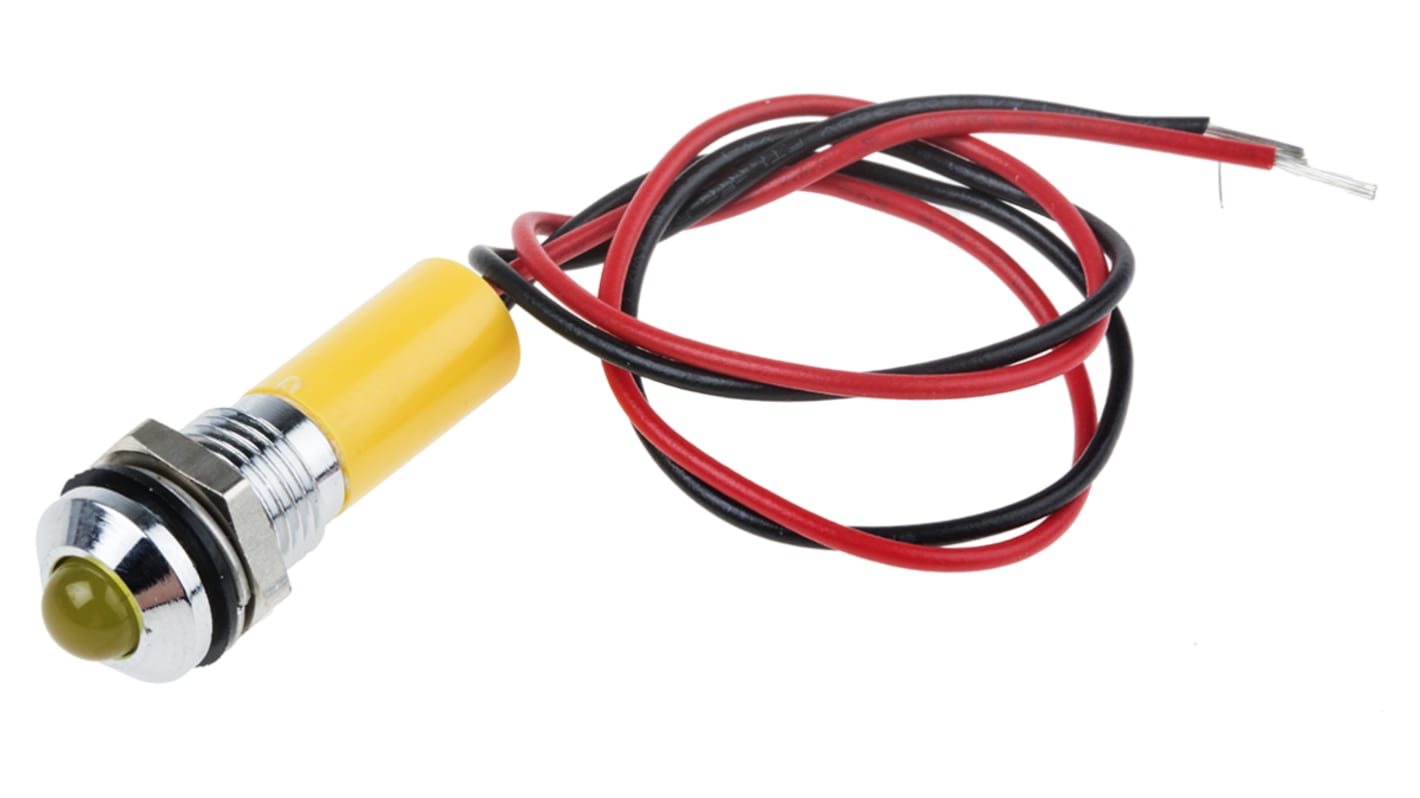 RS PRO Yellow Panel Mount Indicator, 220V ac, 8mm Mounting Hole Size, Lead Wires Termination, IP67